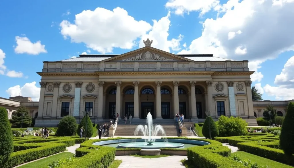 A grand, classical-style museum building set against a backdrop of clear blue skies and fluffy white clouds. The facade features ornate columns, intricate stone carvings, and large arched windows that allow natural light to pour in. The foreground showcases a well-manicured garden with lush greenery and a serene water fountain. People stroll along the pathways, admiring the architectural splendor. The scene conveys a sense of history, culture, and peaceful contemplation, perfectly capturing the essence of a must-visit museum for history enthusiasts.