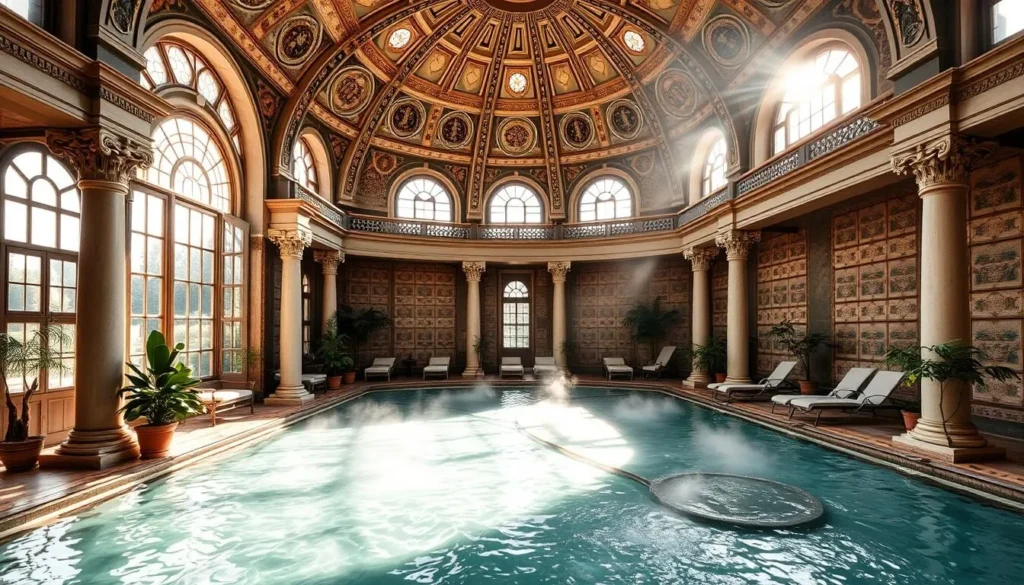 A grand, domed bathhouse in the Árpád style, with intricate tile work and elegant architectural details. Sunlight streams through large windows, casting a warm glow across the soothing, steamy waters of the pools below. Ornate columns and arches frame the tranquil scene, while lush greenery and potted plants add a touch of nature. Plush lounge chairs and cozy alcoves invite visitors to unwind and indulge in the restorative experience. The atmosphere is one of relaxation and timeless luxury, capturing the essence of the Árpád Bath experience.
