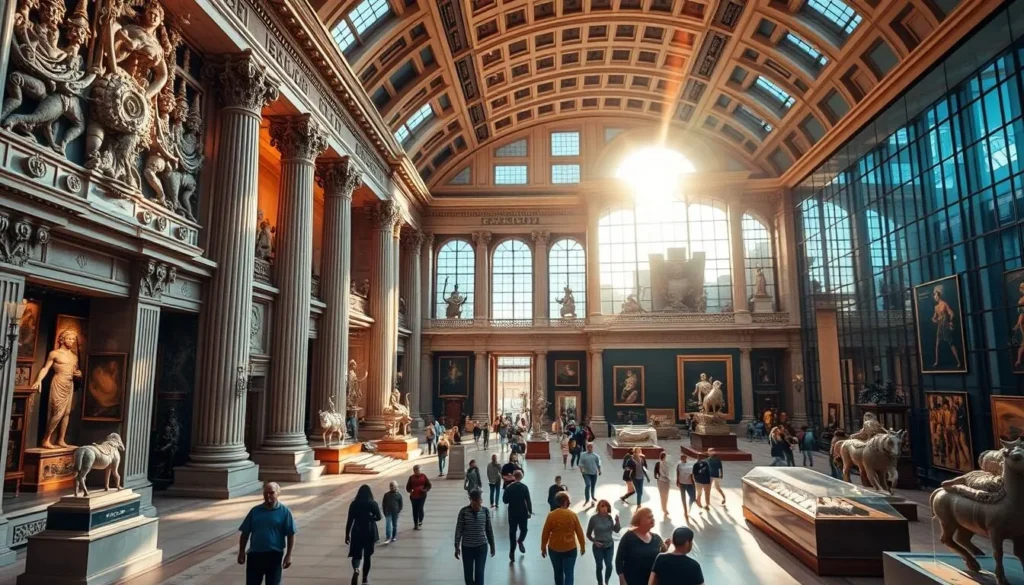 A grand, majestic museum nestled in the heart of a vibrant city. The exterior features intricate stone carvings and towering columns, basking in the warm glow of the afternoon sun. The spacious, well-lit interior showcases a diverse collection of artifacts, sculptures, and paintings, each telling a captivating story. Visitors stroll through the galleries, their eyes drawn to the exquisite details and the rich history on display. Soft natural lighting filters in through large windows, creating a serene and contemplative atmosphere. The museum's architectural design blends classical elegance with modern touches, inviting exploration and discovery. This is a place where art, culture, and history converge, offering a truly immersive and engaging experience.
