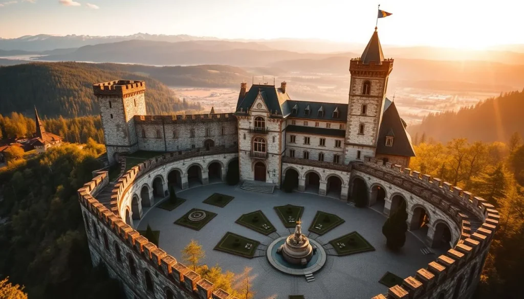 A grand medieval castle perched atop a rolling hillside, its majestic towers and ornate facades bathed in the warm glow of golden afternoon sunlight. Sturdy stone walls enclose a sprawling courtyard, where cobblestone paths wind between well-tended gardens and elegant fountains. Within the castle's inner sanctum, richly decorated halls and chambers hint at a storied past, evoking a sense of timeless history and cultural heritage. The scene is framed by a picturesque backdrop of verdant forests and distant, snow-capped mountains, creating an atmosphere of serene tranquility and timeless beauty.