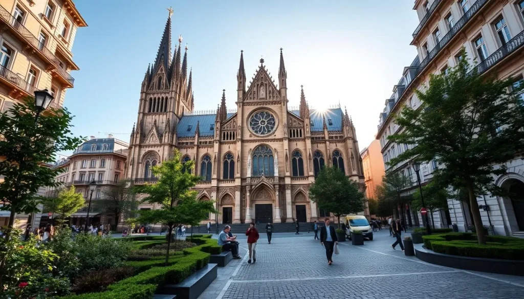 A grand, neo-Gothic cathedral with spires reaching towards the heavens, standing proudly in the heart of a bustling European city. Sunlight filters through stained glass windows, casting a warm glow on the intricate stone facade. Pedestrians wander the cobblestone streets, pausing to admire the architectural marvel that dominates the skyline. In the foreground, lush greenery and a tranquil plaza provide a peaceful respite from the urban hustle, inviting visitors to linger and soak in the timeless beauty of this iconic landmark.