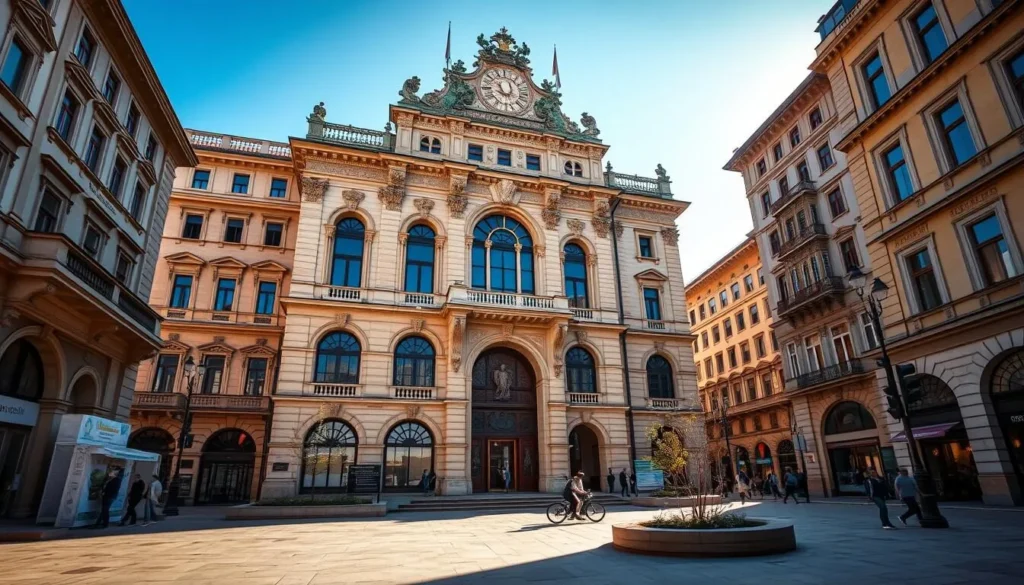 A grand neo-Renaissance building with ornate facade, standing tall in the heart of Brăila's historic center. Sunlight streams through its arched windows, casting warm hues on the intricate stone carvings. In the foreground, a tranquil plaza invites visitors to explore the museum's collection of maritime artifacts, fine art, and regional history. The scene exudes a sense of timeless elegance, capturing the city's proud heritage as a thriving river port. Angle the camera to showcase the building's majestic architecture, while framing the bustling activity of the surrounding streets in the background.