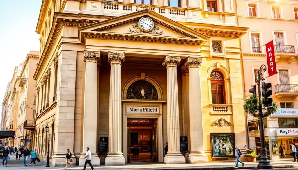 A grand neoclassical building stands majestically, its ornate facade bathed in warm afternoon sunlight. Graceful columns frame the grand entrance, inviting visitors to discover the treasures within. The theater's name, "Maria Filotti," is prominently displayed above the doorway, evoking a sense of cultural significance. The scene is set against a backdrop of a vibrant, bustling city street, with people strolling by and local shops lining the sidewalks. The overall atmosphere conveys a sense of historic elegance and artistic vitality, perfectly capturing the essence of this important cultural landmark.