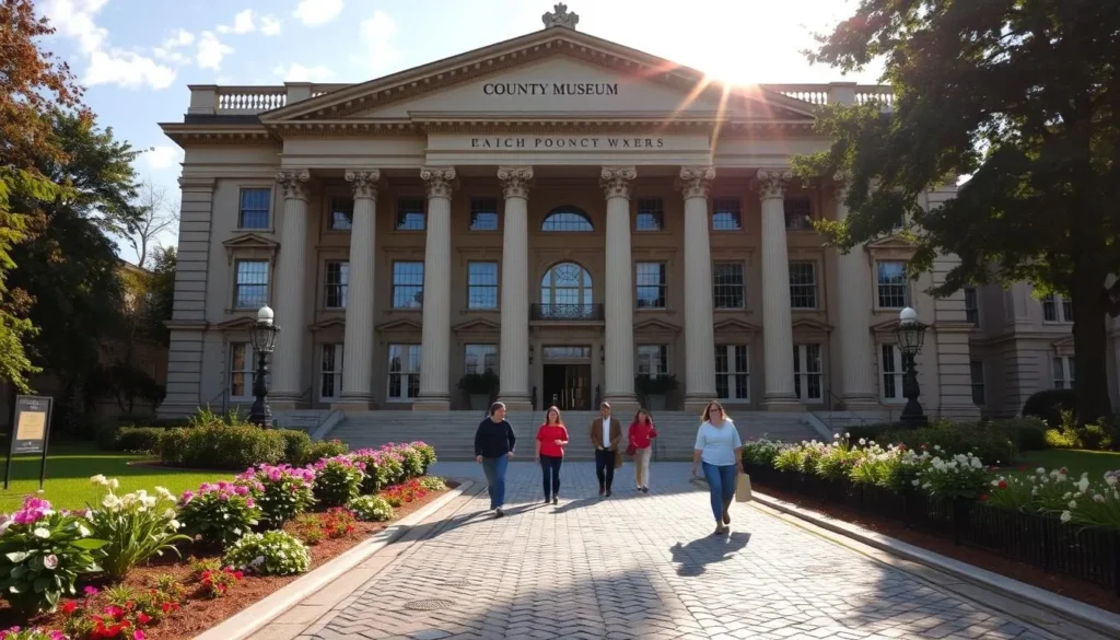 A grand neoclassical building stands tall, its ornate facade commanding attention. The county museum's imposing columns and ornamental details exude a sense of timeless elegance. Sunlight filters through large windows, casting a warm glow over the well-manicured grounds. People stroll along the cobblestone path, drawn to the institution's promise of cultural enrichment. In the foreground, carefully tended flowerbeds and lush greenery create a serene, inviting atmosphere. The overall scene evokes a feeling of intellectual curiosity and appreciation for the region's heritage.