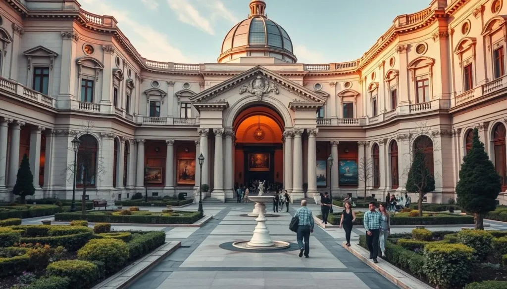 A grand, neoclassical museum building stands proudly, its ornate facade bathed in warm, golden light. Manicured gardens and fountains adorn the forecourt, inviting visitors to explore the treasures within. Through the grand arched entryway, catch glimpses of high-ceilinged galleries filled with carefully curated artworks and historical artifacts, each piece reflecting the rich cultural heritage of the region. The museum's stately columns, intricate moldings, and towering domed roof evoke a sense of timeless elegance and reverence for the past. Strolling visitors pause to admire the building's architectural splendor, their curiosity piqued to discover the stories and memories housed within its halls. A grand, neoclassical museum building stands proudly, its ornate facade bathed in warm, golden light. Manicured gardens and fountains adorn the forecourt, inviting visitors to explore the treasures within. Through the grand arched entryway, catch glimpses of high-ceilinged galleries filled with carefully curated artworks and historical artifacts, each piece reflecting the rich cultural heritage of the region. The museum's stately columns, intricate moldings, and towering domed roof evoke a sense of timeless elegance and reverence for the past. Strolling visitors pause to admire the building's architectural splendor, their curiosity piqued to discover the stories and memories housed within its halls.