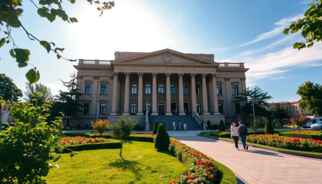 A grand, neoclassical regional museum stands proudly in the center of Kardzhali, Bulgaria. Its ornate facade and towering columns create an imposing, yet inviting atmosphere. The sun's warm rays illuminate the building's muted tones, casting gentle shadows that accentuate its architectural details. In the foreground, a well-manicured garden frames the museum, with lush greenery and vibrant flowers adding a touch of natural beauty. Visitors can be seen strolling along the paved pathways, immersed in the city's rich cultural heritage. The museum's location at the heart of Kardzhali symbolizes the seamless integration of the region's past and present, a testament to the city's enduring legacy.