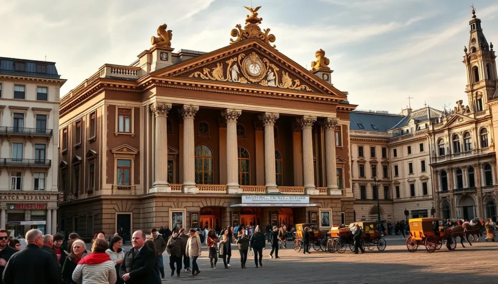 A grand, opulent theater with ornate columns and gilded details stands proudly in the center of a bustling city square. The façade is adorned with intricate architectural elements, inviting passersby to step inside and experience the rich cultural heritage of the region. In the foreground, a group of people gathers, their expressions reflecting a sense of anticipation and wonder. The middle ground features a lively street scene, with pedestrians, vendors, and horse-drawn carriages, all contributing to the vibrant atmosphere. In the background, a picturesque museum building and a historic church tower add depth and context to the scene, creating a seamless blend of past and present. The lighting is warm and inviting, casting a golden glow over the entire composition, evoking a sense of timelessness and grandeur.