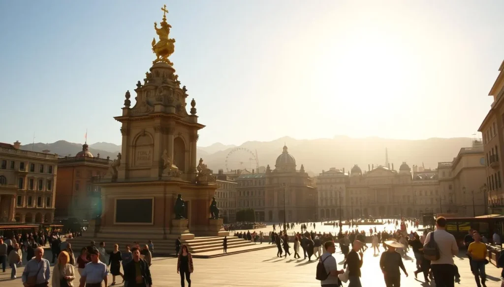 A grand, ornate monument stands proudly in the center of a bustling city square. The sun shines brightly, casting warm, golden light across the scene. In the foreground, people stroll leisurely, admiring the intricate details of the monument's architecture. The middle ground features a mix of historic buildings and modern structures, creating a harmonious blend of old and new. In the background, a range of mountains rises, providing a stunning natural backdrop. The atmosphere is vibrant and lively, inviting visitors to explore the rich history and culture of this enchanting destination.