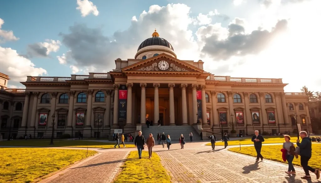 A grand, ornate museum building with a striking neoclassical facade, adorned with columns, arched windows, and a domed roof. Bathed in warm, golden sunlight filtering through puffy clouds, casting long shadows on the manicured lawn and cobblestone pathways leading to the entrance. In the foreground, people stroll leisurely, admiring the architectural details. Inside, the spacious, well-lit atrium features a grand staircase and artworks displayed on the walls. The overall atmosphere exudes a sense of cultural sophistication and timeless elegance.