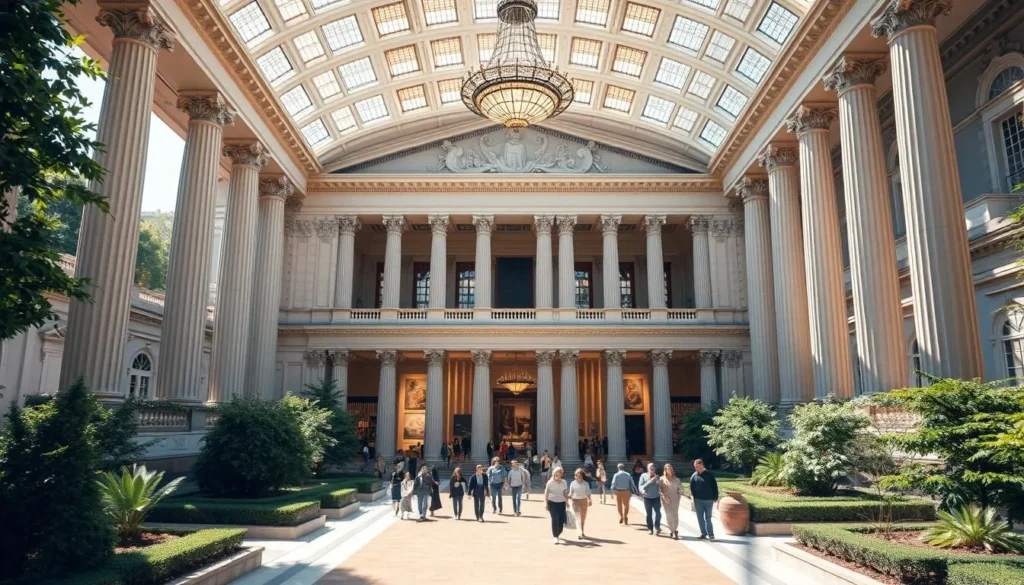 A grand, stately museum standing proud in the sunlight, its facade adorned with intricate architectural details. Towering columns flank the entrance, leading into a spacious lobby filled with natural light. Visitors wander the galleries, captivated by the rich history and cultural artifacts on display. Ornate chandeliers illuminate the high-ceilinged rooms, casting a warm, inviting glow. Lush greenery and meticulously landscaped gardens surround the building, creating a serene, tranquil atmosphere. The museum exudes a sense of elegance and timelessness, inviting exploration and appreciation of the art, history, and architecture within.