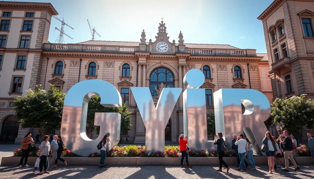 A grand stone facade of the Győr City Hall, its ornate details gleaming in the warm midday sun. Tall arched windows let in natural light, casting soft shadows across the elegant architecture. In the foreground, a cobblestone plaza bustles with locals and tourists capturing the iconic Győr sign, its bold letters framed by lush greenery and blooming flowers. The plaza is alive with the energy of the historic city center, inviting visitors to explore the charming streets and discover the rich history of Győr. A grand stone facade of the Győr City Hall, its ornate details gleaming in the warm midday sun. Tall arched windows let in natural light, casting soft shadows across the elegant architecture. In the foreground, a cobblestone plaza bustles with locals and tourists capturing the iconic Győr sign, its bold letters framed by lush greenery and blooming flowers. The plaza is alive with the energy of the historic city center, inviting visitors to explore the charming streets and discover the rich history of Győr.