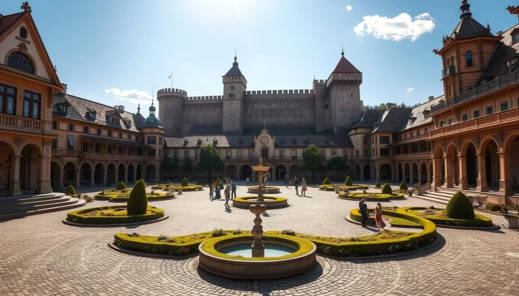 A grand, sun-dappled princely court in Suceava, Romania, with ornate buildings, intricate architecture, and cobblestone paths. Manicured gardens and fountains grace the foreground, while the middle ground features a central square with people in traditional attire. In the background, towering stone walls and turrets rise, casting gentle shadows across the scene. The atmosphere is one of historical grandeur and cultural significance, inviting the viewer to step back in time and imagine the storied past of this Moldavian seat of power.