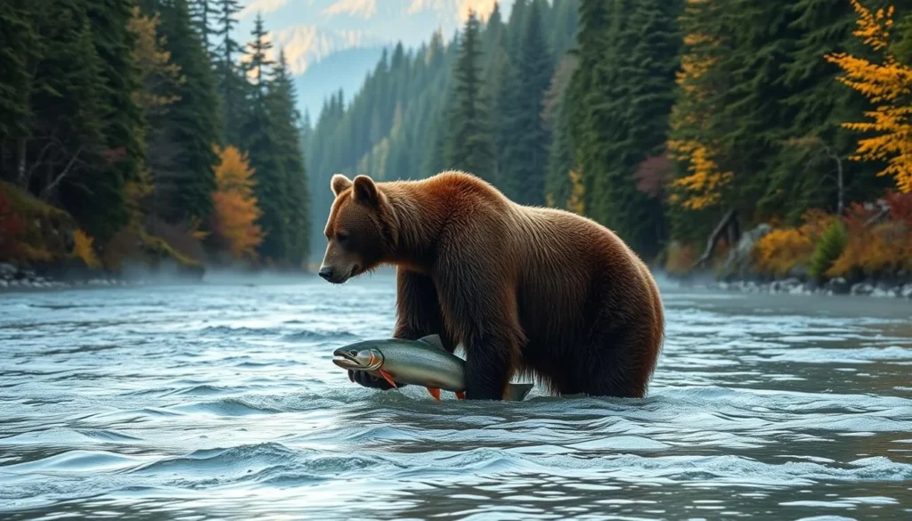 A grizzly bear fishing for salmon in a river within the Great Bear Rainforest during autumn