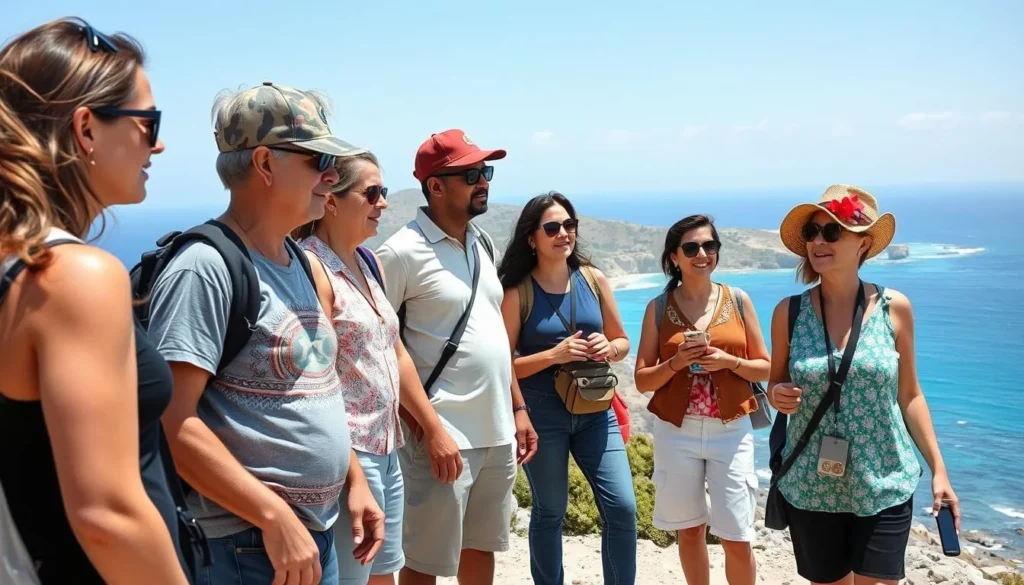A group of diverse tourists enjoying a guided tour of Isla Santa Catalina, Mexico with a knowledgeable local guide A group of diverse tourists enjoying a guided tour of Isla Santa Catalina, Mexico with a knowledgeable local guide