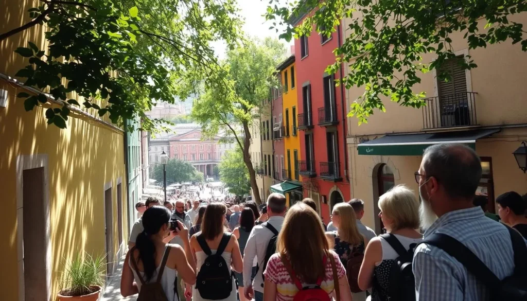 A group of people exploring the historic streets of Plovdiv, Bulgaria on a free walking tour. Vibrant facades of ancient buildings line the narrow, winding pathways as the tour guide leads the way, gesturing enthusiastically. Dappled sunlight filters through the lush foliage overhead, creating a warm, inviting atmosphere. The group appears engaged, cameras in hand, soaking in the unique architecture and local culture. In the background, a picturesque town square comes into view, with bustling cafes and locals going about their daily routines. The overall scene conveys the charm and joy of discovering a new destination through the lens of a guided walking tour.