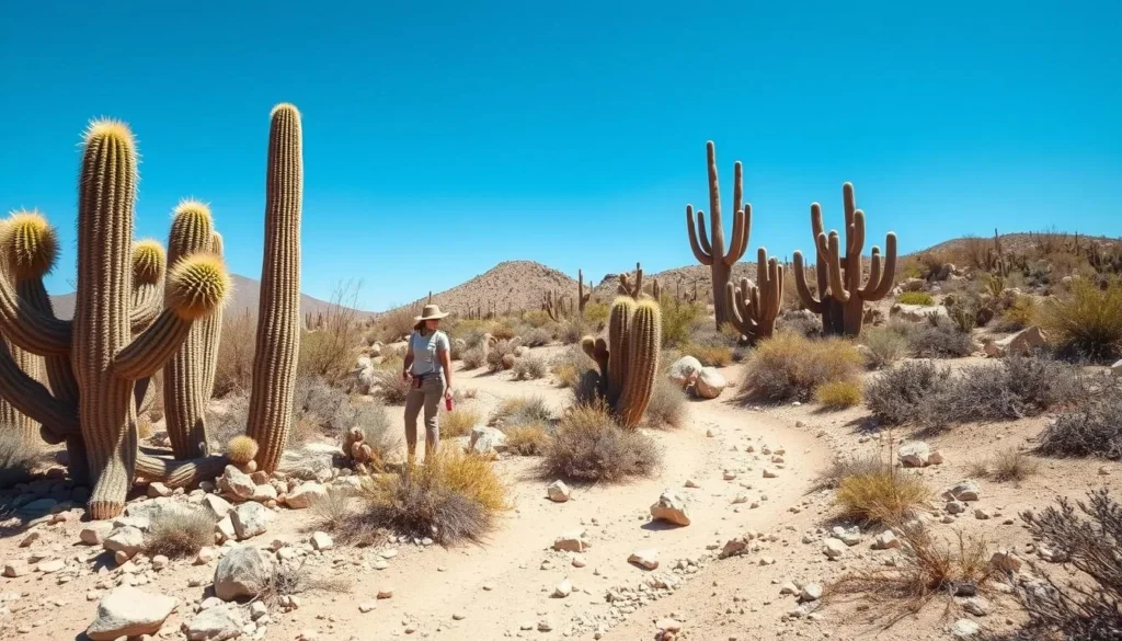 A hiker exploring the unique desert landscape and endemic plants of Isla Santa Catalina, Mexico A hiker exploring the unique desert landscape and endemic plants of Isla Santa Catalina, Mexico