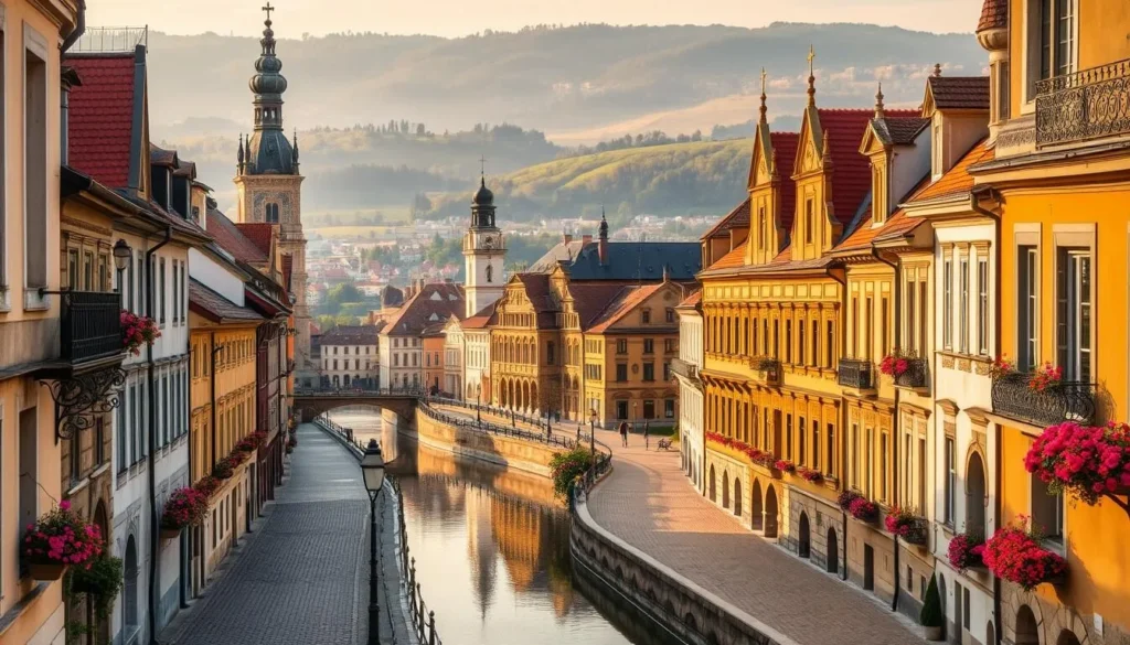 A historic European city nestled in the heart of Hungary, Sopron's architectural landscape showcases a captivating blend of medieval, Renaissance, and Baroque styles. Capture the charming cobblestone streets flanked by rows of gabled roofs, ornate facades, and towering church spires bathed in warm, golden sunlight. In the foreground, focus on the intricate details of ornamental stonework, wrought-iron accents, and colorful window boxes overflowing with vibrant blooms. In the middle ground, depict the grand, ornate buildings and historic landmarks that have stood the test of time, their timeless elegance reflected in the tranquil waters of a nearby canal. Beyond, rolling hills and lush greenery create a picturesque backdrop, evoking a sense of timeless beauty and cultural heritage.