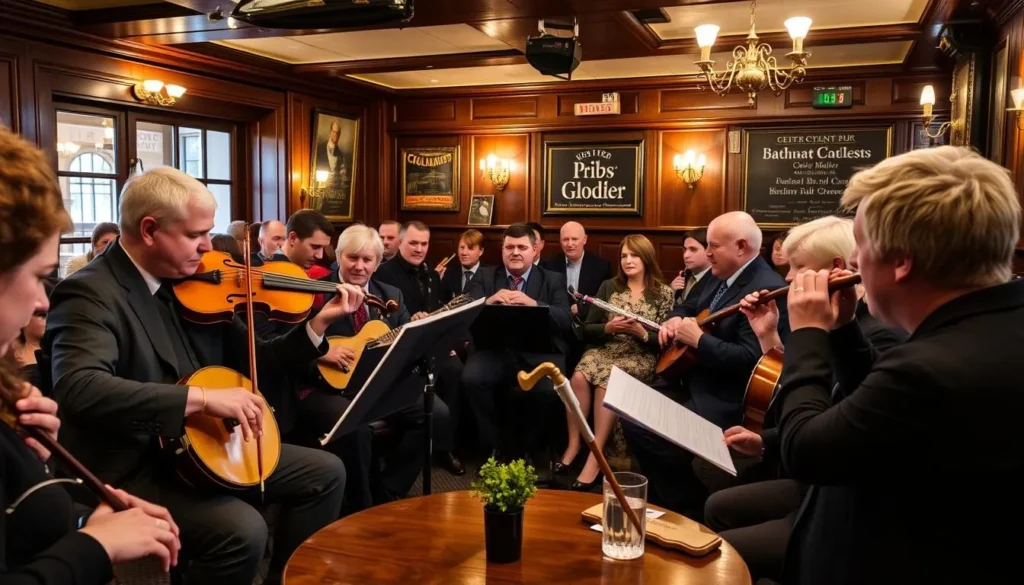 A lively traditional Irish music session in a Belfast pub with musicians playing fiddles, bodhráns, and flutes