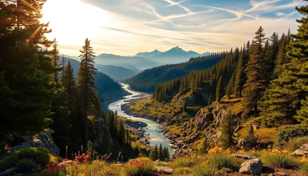 A lush, sprawling national park, bathed in warm, golden sunlight filtering through wispy clouds. Towering pine trees frame the scene, their verdant canopies casting dappled shadows on the rugged, rocky terrain below. In the distance, a majestic mountain range rises, its snow-capped peaks glistening under the clear, azure sky. A serene, winding river meanders through the landscape, its crystal-clear waters reflecting the surrounding natural beauty. Vibrant wildflowers dot the foreground, adding pops of color to the serene, tranquil atmosphere. This idyllic, pristine wilderness invites exploration and a connection with the great outdoors.