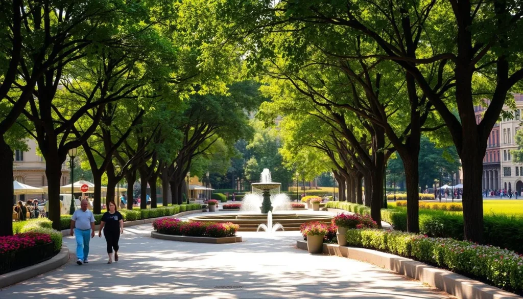 A lush, tree-lined promenade winds through a picturesque urban park, with sunlight filtering through the foliage and casting a warm glow over the scene. In the foreground, people stroll leisurely along the paved walkway, pausing to admire the vibrant flower beds and ornamental shrubbery lining the path. In the middle ground, a central fountain bubbles softly, its water reflecting the surrounding greenery. In the background, a backdrop of historic buildings and towering trees frame the tranquil, inviting atmosphere, creating a serene and peaceful oasis within the bustling city. The overall mood is one of serenity, relaxation, and the appreciation of nature in an urban setting.