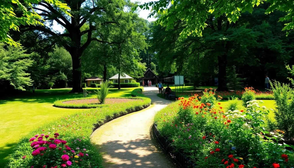 A lush, verdant botanical garden in Veszprem, Hungary, on a sunny day. The foreground features a winding path lined with vibrant flower beds, inviting visitors to explore. The middle ground showcases towering trees casting gentle shadows, creating a serene and tranquil atmosphere. In the background, glimpses of the Kittenberger Kálmán Zoo's enclosures can be seen, hinting at the family-friendly activities available. The lighting is soft and natural, accentuating the rich colors and textures of the diverse plant life. The overall scene evokes a sense of peace, wonder, and the joys of spending time in a lush, verdant oasis.