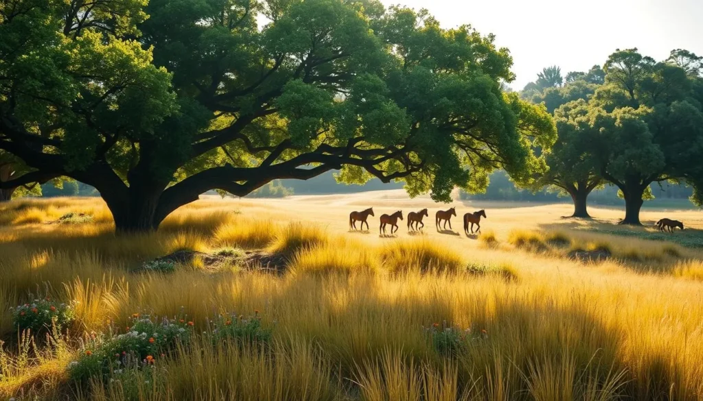 A lush, verdant canopy of ancient oak and birch trees stretches overhead, casting dappled shadows across the undulating sand dunes below. Sunlight filters through the foliage, illuminating the golden hues of the dunes and the vibrant wildflowers dotting the landscape. In the distance, a herd of Przewalski's horses, the last surviving breed of wild horses, roams freely, their manes flowing in the gentle breeze. The serene atmosphere exudes a sense of timelessness, inviting the viewer to immerse themselves in the untamed beauty of Letea Forest, a true gem of the Danube Delta National Park in Romania.