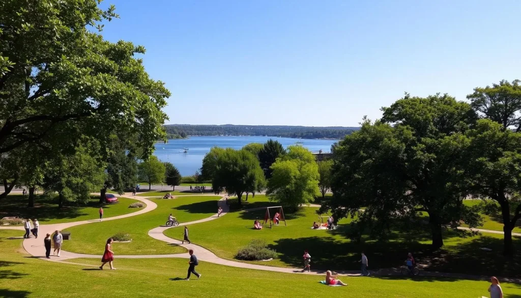 A lush, verdant city park on a pleasant sunny day. In the foreground, people stroll along winding paths, some pushing strollers or walking dogs. In the middle ground, families picnic on the grass, children play on swings and slides, while joggers and cyclists weave through the scene. Mature trees provide dappled shade, their leaves rustling gently in a light breeze. In the background, a tranquil lake reflects the clear blue sky, with small boats drifting across its surface. The overall atmosphere is one of relaxation, community, and connection with nature.