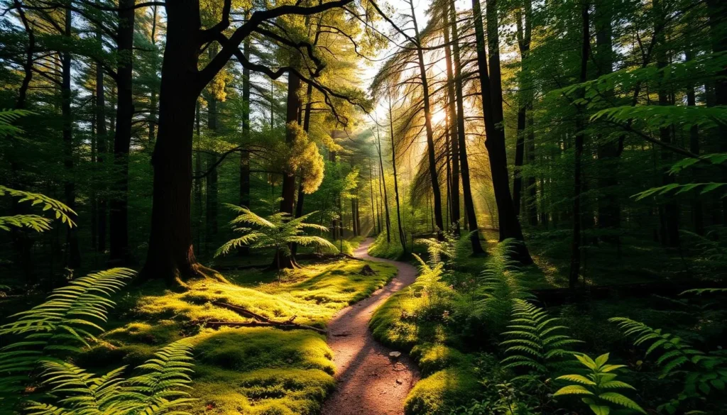 A lush, verdant forest bathed in warm, golden sunlight filters through the dense canopy of towering oak, pine, and maple trees. A winding dirt trail meanders through the middle ground, leading the eye deeper into the tranquil woodland. Soft, dappled shadows dance across the mossy ground, as a gentle breeze rustles the leaves. In the foreground, vibrant ferns and wildflowers sway in the breeze, creating a serene, natural atmosphere. The overall scene evokes a sense of peaceful solitude and a deep connection to the untamed beauty of nature.