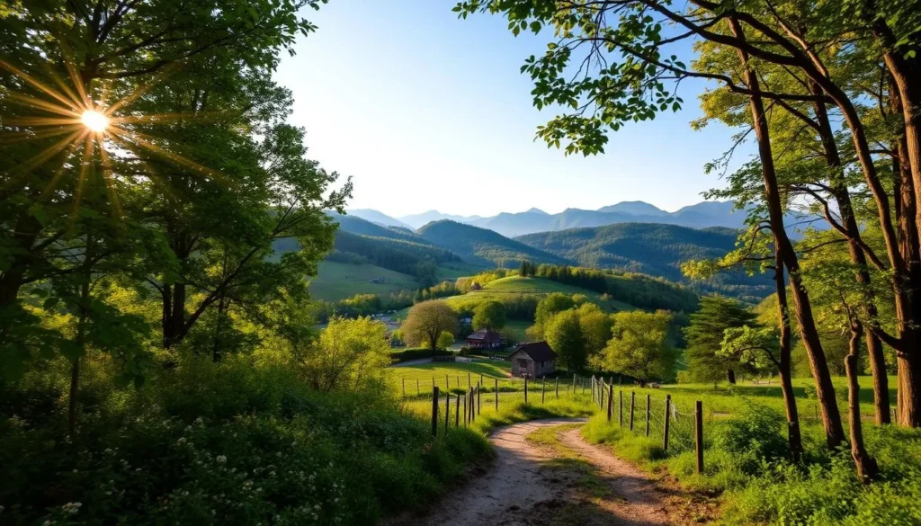 A lush, verdant forest canopy in Őrség National Park, Hungary, bathed in warm, golden sunlight filtering through the leaves. In the foreground, a winding path leads through a mosaic of wildflowers and ferns, inviting exploration. The middle ground features rolling hills covered in a tapestry of vibrant greens, dotted with quaint cottages and grazing livestock. In the distance, the silhouettes of towering mountains rise against a clear, azure sky, creating a serene and picturesque landscape. Capture the tranquil atmosphere and natural beauty of this stunning Hungarian preserve with a wide-angle lens, emphasizing the depth and scale of the scene.