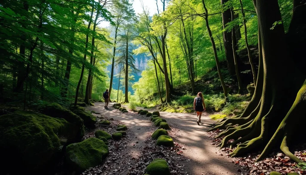 A lush, verdant forest trail winds through the picturesque Defileul Jiului National Park in Romania. Sunlight filters through the canopy, casting a warm glow on the well-worn path. Mossy rocks and gnarled tree roots line the sides, hinting at the rugged terrain. In the distance, a glimpse of the imposing limestone cliffs that define the gorge's dramatic landscape. Hikers traverse the serene trail, their footsteps crunching on the fallen leaves. The air is crisp and clean, with a hint of earthy aroma. This tranquil scene captures the essence of the best hikes in Defileul Jiului: gorge paths and ridge panoramas.