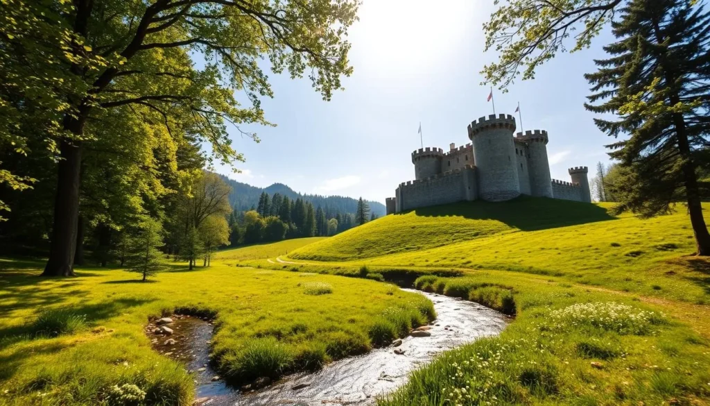 A lush, verdant landscape stretches out before a centuries-old stone castle, its turrets and towers rising majestically against a bright, cloudless sky. Sunlight filters through the canopy of towering trees, casting a warm, golden glow over the scene. In the foreground, a crystal-clear stream winds its way through the picturesque valley, its gentle ripples reflecting the natural beauty that surrounds it. The air is crisp and clean, infused with the scent of wildflowers that dot the rolling hillsides. A sense of timeless tranquility and harmony pervades the entire tableau, inviting the viewer to immerse themselves in the enchanting charm of this historic Bulgarian city.