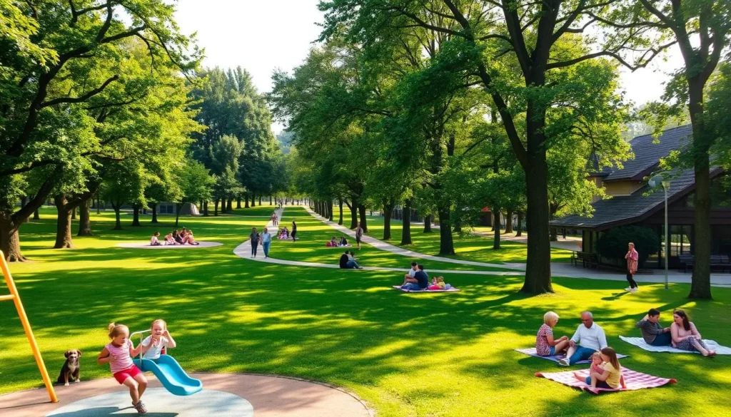 A lush, verdant park in Bachinovo, Bulgaria, on a bright, sunny day. In the foreground, children play on colorful swings and slides, their laughter echoing through the air. The middle ground features families picnicking on checkered blankets, while joggers and dog walkers meander along the winding paths. Towering trees line the park's perimeter, casting gentle shadows and creating a serene, natural atmosphere. Soft, diffused lighting filters through the leaves, illuminating the scene with a warm, golden glow. The overall mood is one of carefree enjoyment and relaxation, inviting visitors to immerse themselves in the tranquil park setting.