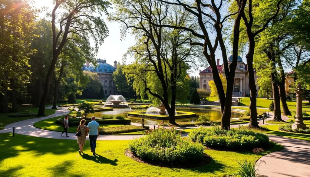 A lush, verdant park nestled in the heart of Botosani, Romania. Sunlight filters through the towering trees, casting a warm glow on the winding paths and ornamental fountains. In the foreground, couples stroll hand-in-hand, admiring the well-manicured flower beds and vibrant greenery. The middle ground reveals a tranquil pond, its surface reflecting the surrounding foliage like a mirror. Toward the background, historic buildings and monuments stand as guardians of the park's timeless charm. Capture the essence of this picturesque oasis, a haven for both locals and visitors seeking a moment of respite amidst the bustling city.