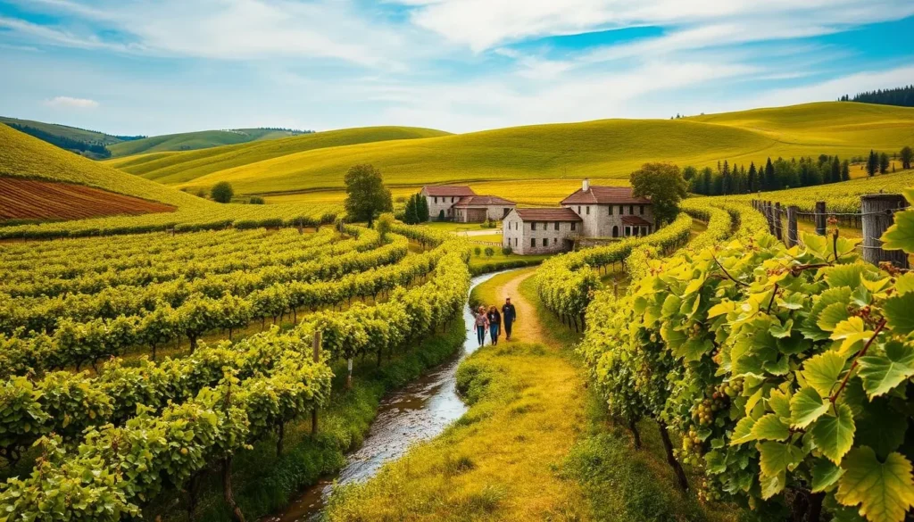 A lush, verdant valley nestled in the Eger region of Hungary, with a winding creek that reflects the azure sky. Rows of grapevines cascade down the gentle slopes, their heavy clusters of ripe, juicy grapes glistening in the warm, golden sunlight. In the distance, a charming stone winery stands amidst the rolling hills, its rustic architecture and terracotta roof tiles adding to the picturesque scene. A group of friends leisurely stroll through the picturesque landscape, pausing to admire the breathtaking vistas and indulge in the local, award-winning wines. Soft, diffused lighting creates a serene, idyllic atmosphere, capturing the essence of the "Valley of the Beautiful Women" in all its natural splendor.