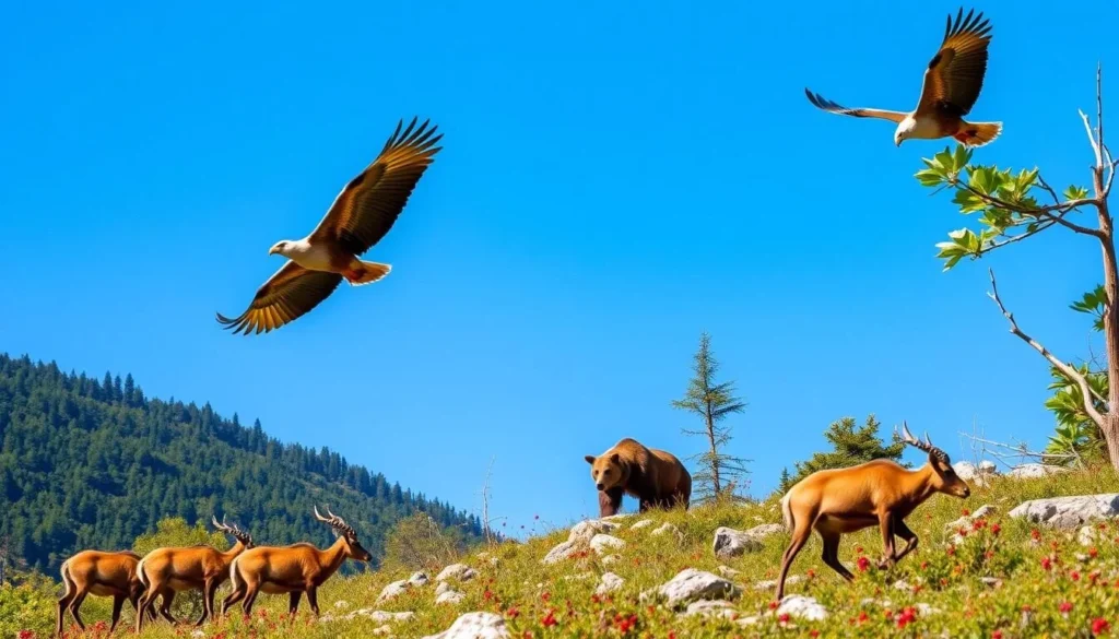 A lush, vibrant scene of Cozia National Park's thriving wildlife. In the foreground, a herd of chamois gracefully navigates the rocky terrain, their nimble movements captured by a wide-angle lens. In the middle ground, a brown bear forages for berries, its powerful silhouette framed by the park's dense, verdant foliage. Farther back, a pair of golden eagles soar effortlessly against a cloudless, azure sky, their broad wings catching the warm, golden light of a pleasant afternoon. The overall atmosphere is one of serene harmony, showcasing the park's exceptional biodiversity and the delicate balance of its natural ecosystem.