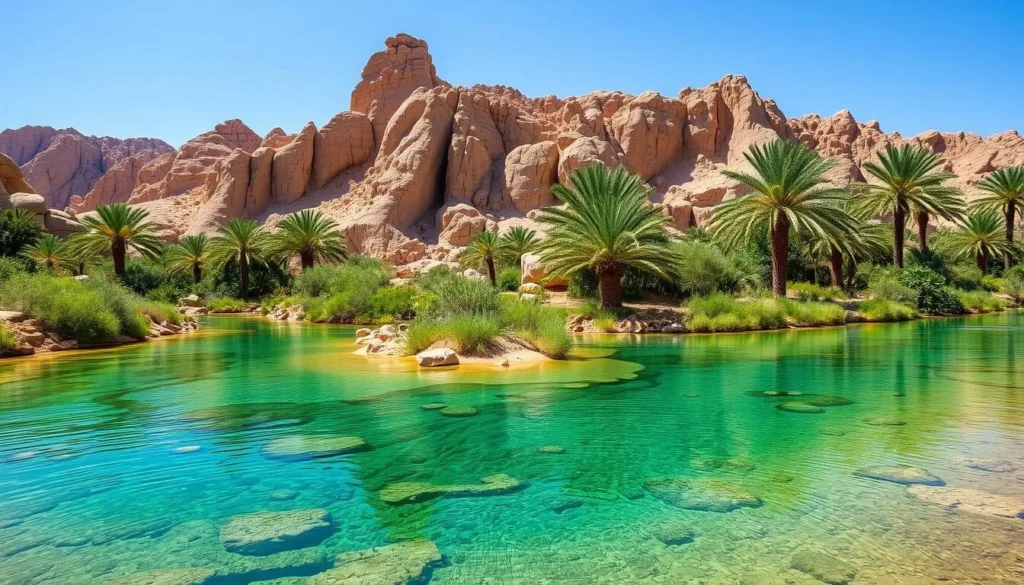 A lush wadi near Al-Khaburah with freshwater pools surrounded by palm trees and rock formations A lush wadi near Al-Khaburah with freshwater pools surrounded by palm trees and rock formations
