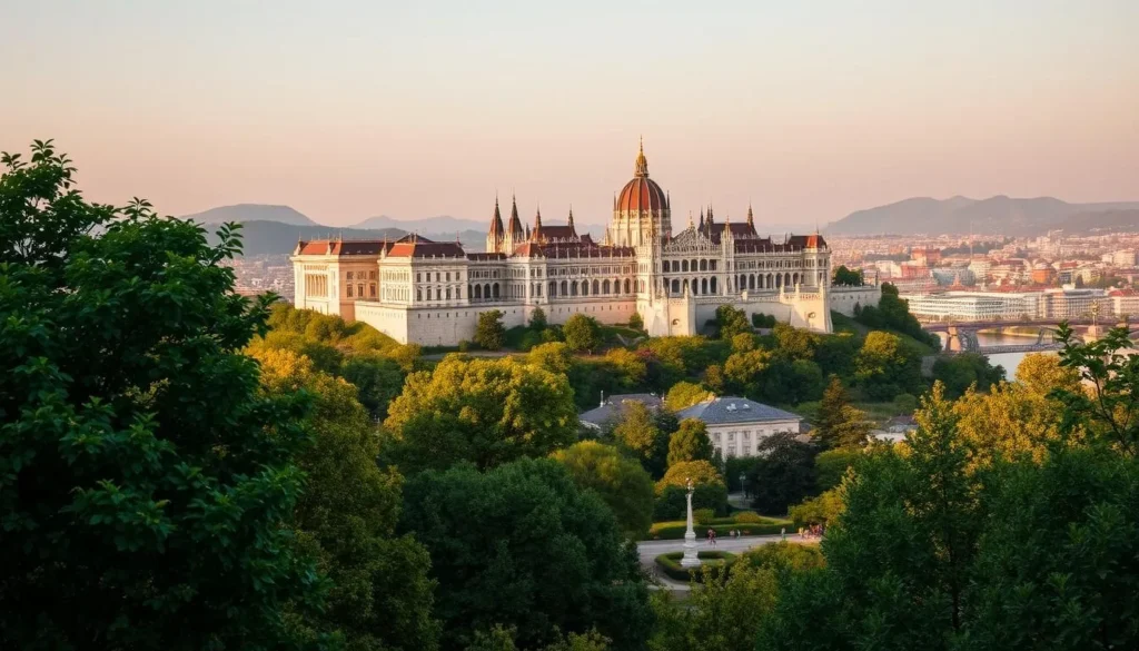 A magnificent castle perched atop a rolling hill, with its striking architecture and ornate spires bathed in the warm glow of the afternoon sun. The Buda Castle, a stunning example of Hungarian Renaissance style, stands proudly overlooking the Danube River and the bustling city of Budapest. In the foreground, lush green trees and well-manicured gardens frame the scene, creating a serene and picturesque atmosphere. Captured through a wide-angle lens, the image showcases the castle's grand scale and its impressive integration into the surrounding landscape, offering a breathtaking vista that evokes the rich history and cultural heritage of Central Europe.