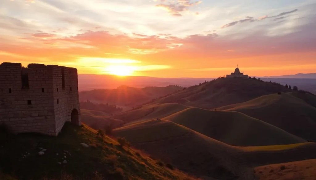 A magnificent sunset over the rolling hills of Plovdiv, Bulgaria. In the foreground, the ancient Nebet Tepe fortress stands tall, its weathered stone walls bathed in warm, golden light. The middle ground is filled with lush, undulating hills, their verdant slopes contrasting with the vibrant hues of the sky. In the background, the iconic Alyosha monument on Bunardzhik Hill overlooks the scene, its silhouette a striking silhouette against the fiery sunset. The lighting is soft and atmospheric, creating a sense of tranquility and wonder. The composition captures the natural beauty and historical significance of this picturesque Bulgarian city.