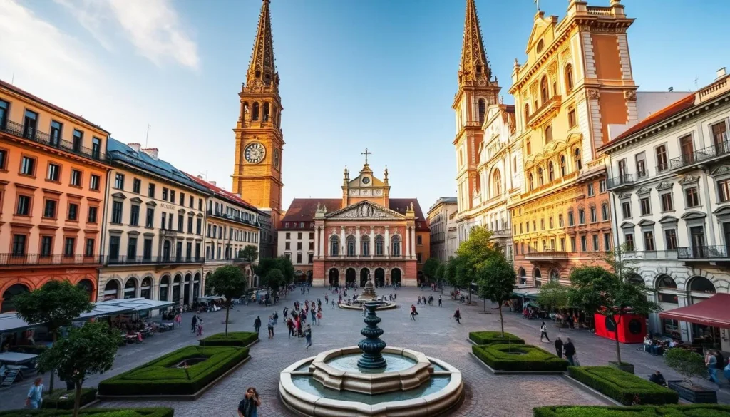 A majestic Baroque square in the heart of Timisoara, Romania. Union Square is framed by the imposing twin spires of the Orthodox Cathedral and the Roman Catholic Cathedral, their intricate facades bathed in warm afternoon sunlight. Colorful historical buildings with ornate architecture line the square, their windows reflecting the lively open-air cafes and promenading pedestrians below. Lush greenery and ornamental fountains dot the central plaza, creating a serene and vibrant atmosphere. A wide-angle lens captures the grand scale and picturesque harmony of this iconic civic space, inviting the viewer to explore its timeless Baroque beauty.