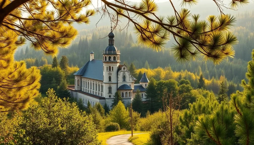A majestic Dragomirna Monastery nestled in the forested hills of Suceava, Romania. The towering fortified walls and elegant spires stand in contrast to the lush, verdant landscape. Warm sunlight filters through the branches, casting a golden glow over the ancient stone structures. In the foreground, a small path winds through the underbrush, inviting visitors to explore the sacred grounds. The middle ground features the monastery's ornate architecture, with intricate carvings and vibrant painted details. The background blends seamless pine forests and rolling hills, creating a serene and tranquil atmosphere.