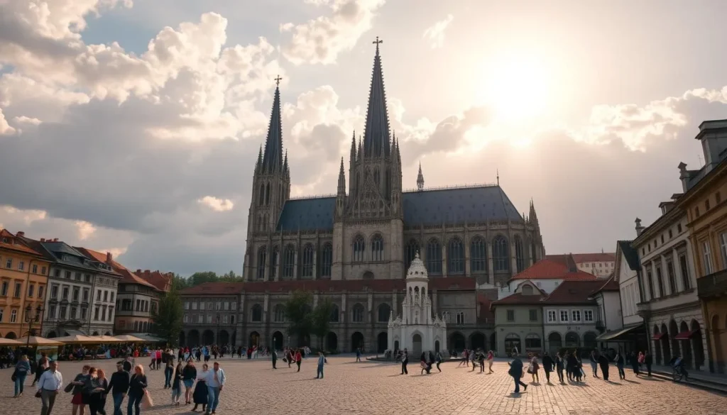 A majestic Gothic cathedral, its spires reaching skyward against a backdrop of fluffy clouds and a warm, golden sun. In the foreground, a cobblestone plaza bustles with locals and tourists, capturing the vibrant spirit of the town. The middle ground features a historic bell tower, casting a gentle shadow over the scene. Surrounding the cathedral, a network of smaller churches and chapels, each with its own distinct architectural style, creating a harmonious symphony of sacred spaces. The overall atmosphere is one of reverence and tranquility, reflecting the deep-rooted religious heritage that has shaped the identity of this enchanting Hungarian town.