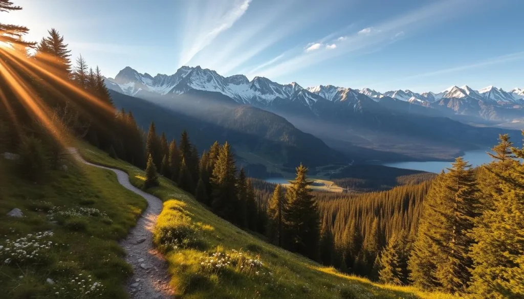 A majestic alpine landscape with the Rodnei Mountains towering in the distance, their snow-capped peaks glowing under the warm afternoon sun. In the foreground, a winding trail meanders through a lush, verdant forest, with wildflowers dotting the undergrowth. Rays of sunlight filter through the canopy, casting a warm, golden glow over the scene. The middle ground reveals a serene mountain lake, its calm waters reflecting the rugged peaks that surround it. The overall atmosphere exudes a sense of tranquility and natural wonder, inviting the viewer to explore the captivating trails and breathtaking vistas of the Rodnei Mountains.