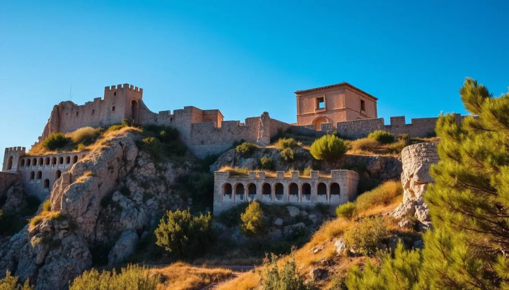 A majestic ancient city nestled atop a rugged, sun-dappled hillside, Perperikon's weathered stone structures and towering fortifications command the landscape. Capture the play of warm, golden light across the craggy ruins, accentuating the timeless grandeur of this historical site. Populate the scene with lush vegetation spilling over the crumbling walls, and depict a clear, azure sky overhead, conveying a sense of tranquility and timelessness. Carefully compose the frame to showcase the city's dramatic silhouette against the surrounding natural beauty, inviting the viewer to imagine the vibrant life that once thrived within these ancient walls.