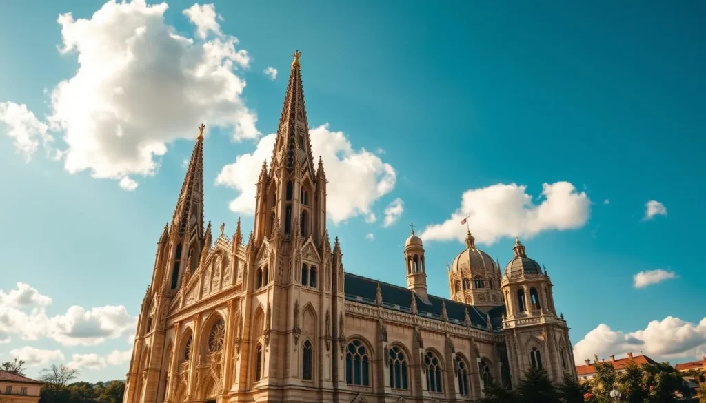 A majestic basilica stands tall, its grand architecture and ornate facade bathed in warm, golden light. Soaring spires and intricate carvings adorn the exterior, inviting visitors to step inside and explore the grand, awe-inspiring interior. The building is set against a clear, azure sky, with fluffy white clouds drifting overhead. The scene exudes a sense of reverence and timeless grandeur, perfectly capturing the essence of the Basilica of St. John the Apostle in Eger, Hungary.