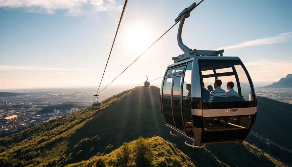 A majestic cable car ascending the lush, verdant slopes of Tâmpa Mountain, its sleek, modern design gliding effortlessly against the backdrop of the picturesque Brasov cityscape. The sun's warm rays dance across the car's gleaming exterior, casting a golden glow as it climbs higher, offering breathtaking panoramic views of the historic city below. The passengers, filled with wonder and anticipation, gaze out the expansive windows, eagerly awaiting their arrival at the summit and the iconic Brasov sign that awaits them.