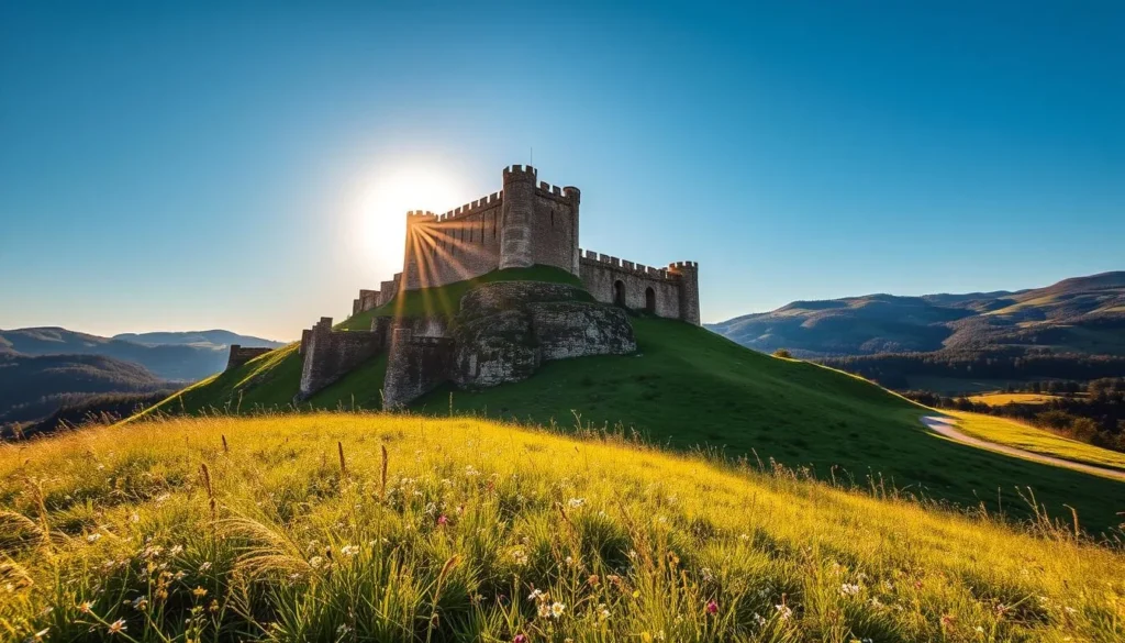 A majestic fortress stands atop a rugged hill, its towering walls and turrets silhouetted against a clear, azure sky. The sun casts a warm, golden glow over the weathered stone, casting intricate shadows that accentuate the fortress's intricate architecture. In the foreground, a lush, verdant meadow dotted with wildflowers sways gently in the breeze, leading the eye towards the impressive structure. The middle ground features a winding path that snakes through the landscape, inviting the viewer to explore the historic site. The background showcases the rolling, forested hills that surround the fortress, creating a picturesque and tranquil setting.