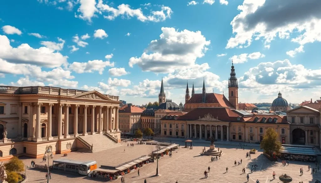 A majestic historical cityscape of Timisoara, Romania, set against a vibrant azure sky with fluffy white clouds. In the foreground, a grand, neoclassical palace with ornate columns and intricate architectural details stands tall, conveying a sense of regal grandeur. The middle ground features a bustling town square, adorned with cobblestone paths, quaint cafes, and pedestrians strolling leisurely. In the background, the silhouettes of historic church spires and elegant, centuries-old buildings rise up, hinting at the city's rich revolutionary past. The scene is bathed in warm, golden light, creating a sense of timeless elegance and inviting the viewer to immerse themselves in Timisoara's captivating history.