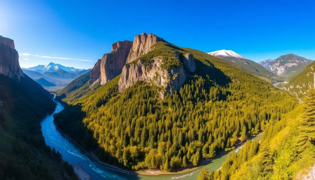 A majestic landscape of Defileul Jiului National Park, Romania, bathed in warm, golden sunlight. In the foreground, a winding river cuts through the rugged terrain, its crystal-clear waters reflecting the towering limestone cliffs that rise up on either side. Lush, verdant forests cling to the slopes, their canopy of vibrant greens contrasting with the rocky outcroppings. In the distance, snow-capped peaks pierce the azure sky, creating a serene and awe-inspiring panorama. The scene is captured with a wide-angle lens, emphasizing the scale and grandeur of this natural wonder. The overall mood is one of tranquility and wonder, inviting the viewer to immerse themselves in the beauty of this captivating Romanian landscape.