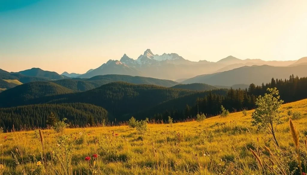 A majestic landscape of the Rhodope Mountains, Bulgaria, bathed in warm, golden sunlight. In the foreground, verdant meadows dotted with wildflowers sway gently in a soft breeze. In the middle ground, rolling hills are cloaked in dense, lush forests, their shades of green and brown creating a tapestry of natural beauty. Towering in the background, the rugged, snow-capped peaks of the Rhodope Mountains stand tall, their jagged silhouettes silhouetted against a vibrant, azure sky. The scene exudes a sense of tranquility and timelessness, inviting the viewer to explore the natural wonders of this magnificent region.