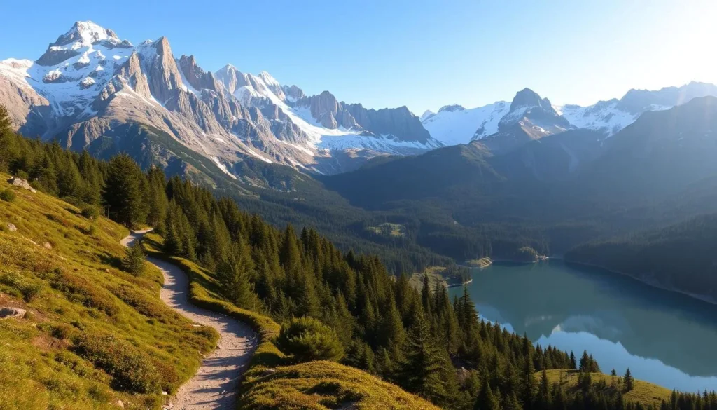 A majestic landscape unfolding before the viewer, showcasing the natural wonders of Pirin National Park, Bulgaria. In the foreground, a winding trail leads through a lush, verdant forest, inviting the adventurer to explore. The middle ground reveals towering, snow-capped peaks reaching towards the heavens, their rugged beauty accentuated by the warm, golden light of the sun. In the background, a serene alpine lake reflects the surrounding mountains, creating a mirror-like surface that captivates the eye. The scene conveys a sense of tranquility, adventure, and the overwhelming grandeur of the natural world, enticing the viewer to embark on their own journey through this awe-inspiring destination.